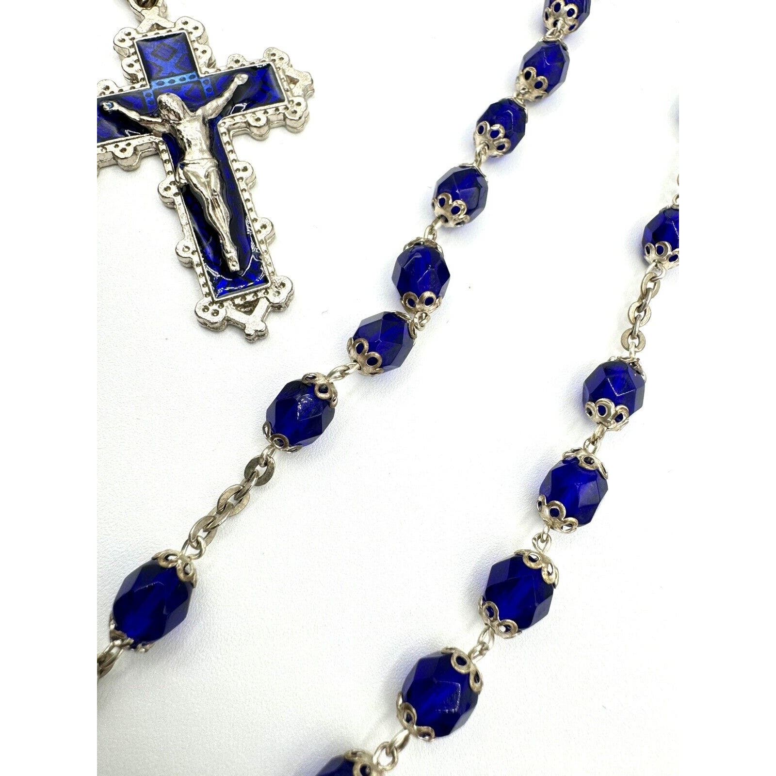 Black Dog VintageVintage Colbalt Blue Gripoix And Crystal Our Lady Of Lourdes Catholic Rosary - Black Dog Vintage