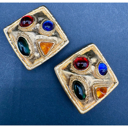 Vintage Les Bernard 1980s Multicolor Glass Square Clip-On Earrings