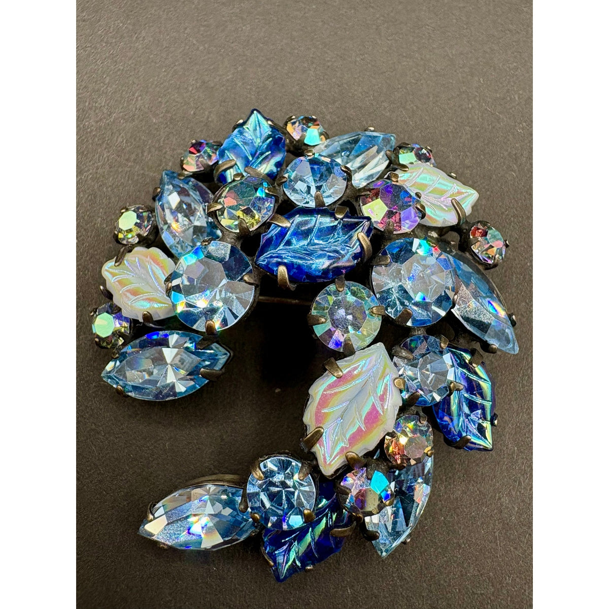 Vintage Signed Regency Blue AB Rhinestone Molded Glass Leaf Brooch Earrings Set