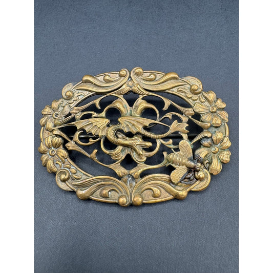 Antique Victorian Art Nouveau Dragon Bee Sash Pin Large Ornate Brass Brooch 3”