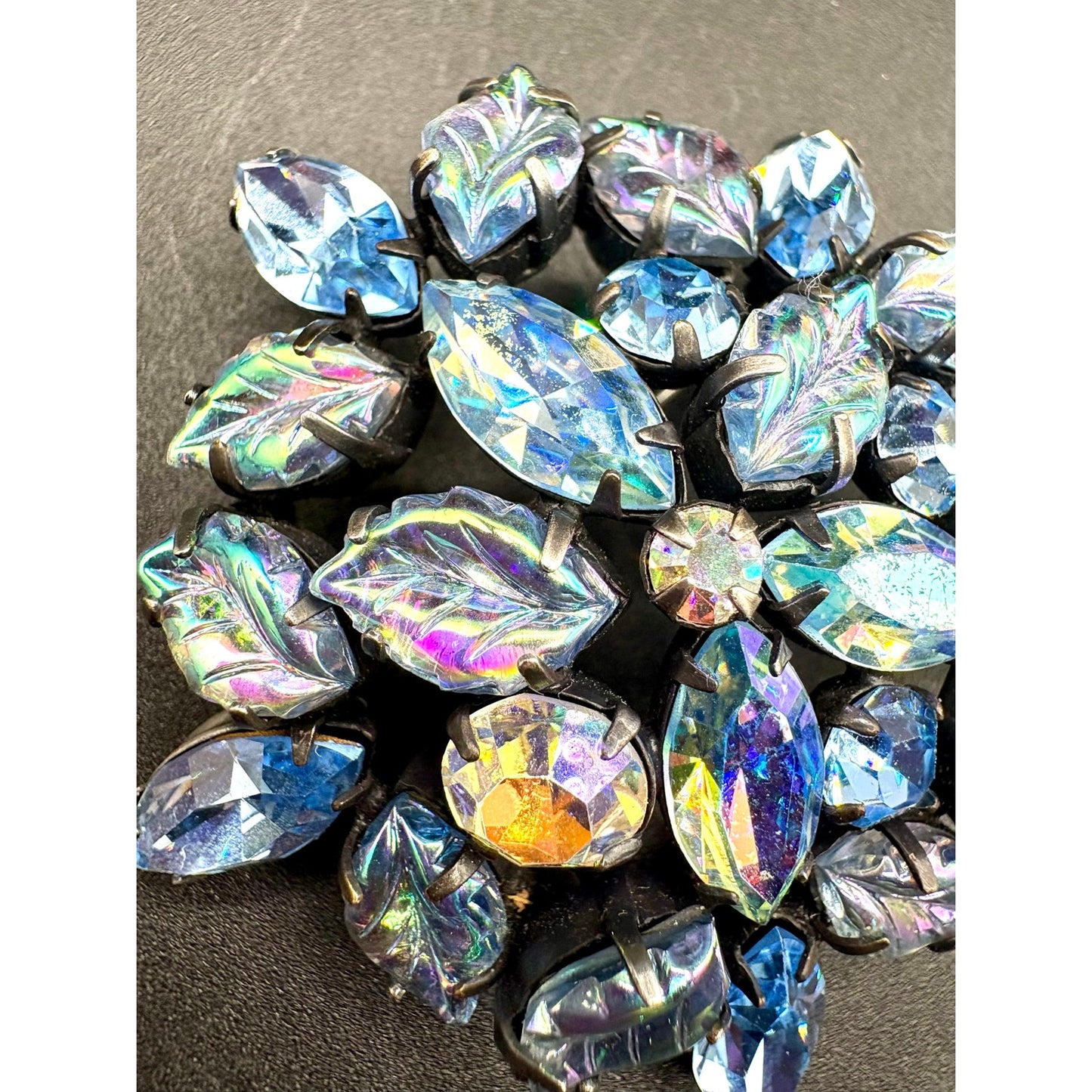 Vintage Regency Blue AB Molded Glass Leaves Brooch and Earrings Set