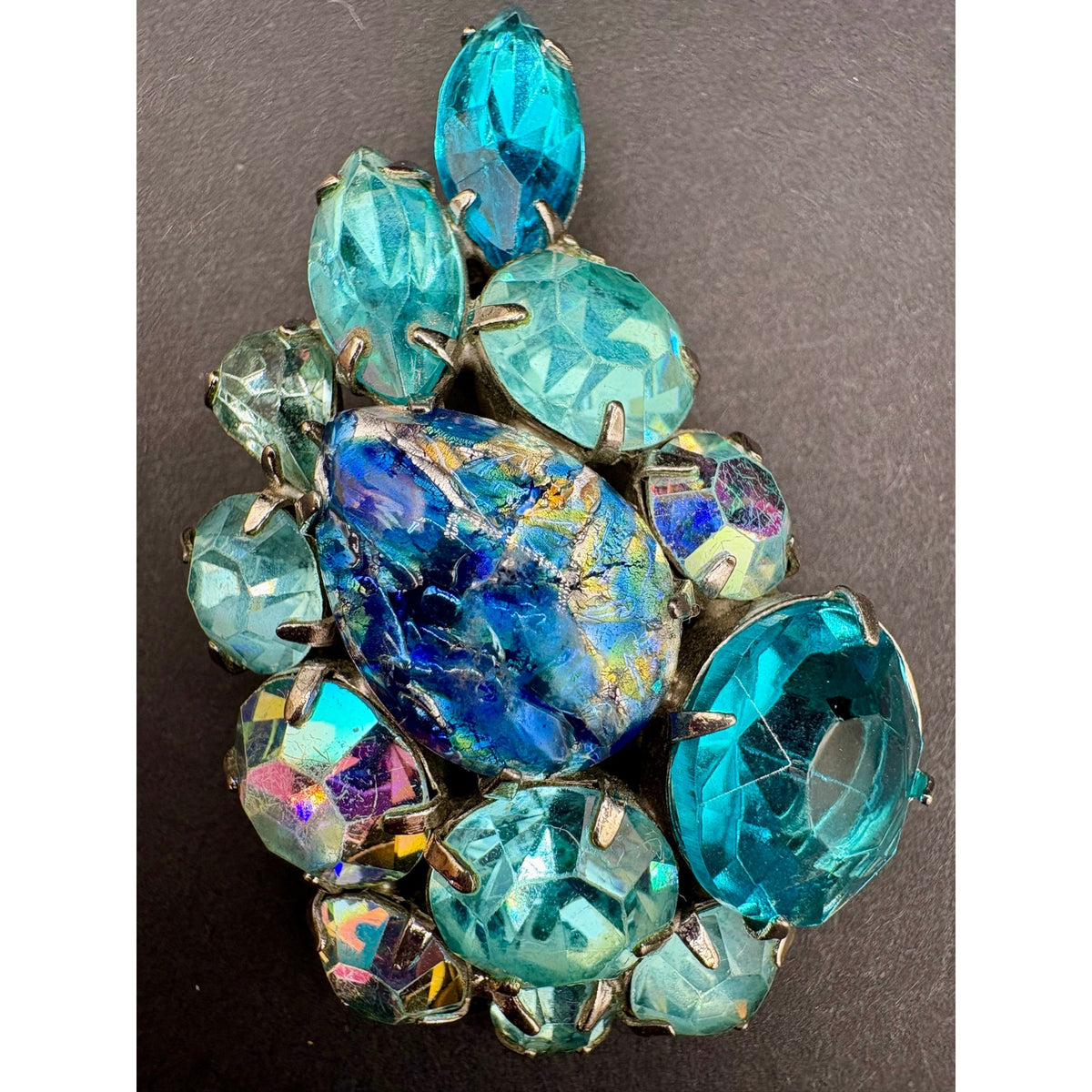 Vintage Signed WEISS Blue Art Glass AB Rhinestone Cluster Brooch Pin 2”