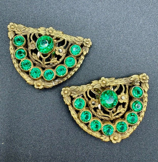 CzechRARE Czech Antique Art Nouveau / Art Deco Green Glass Dress Clip Pair - Black Dog Vintage
