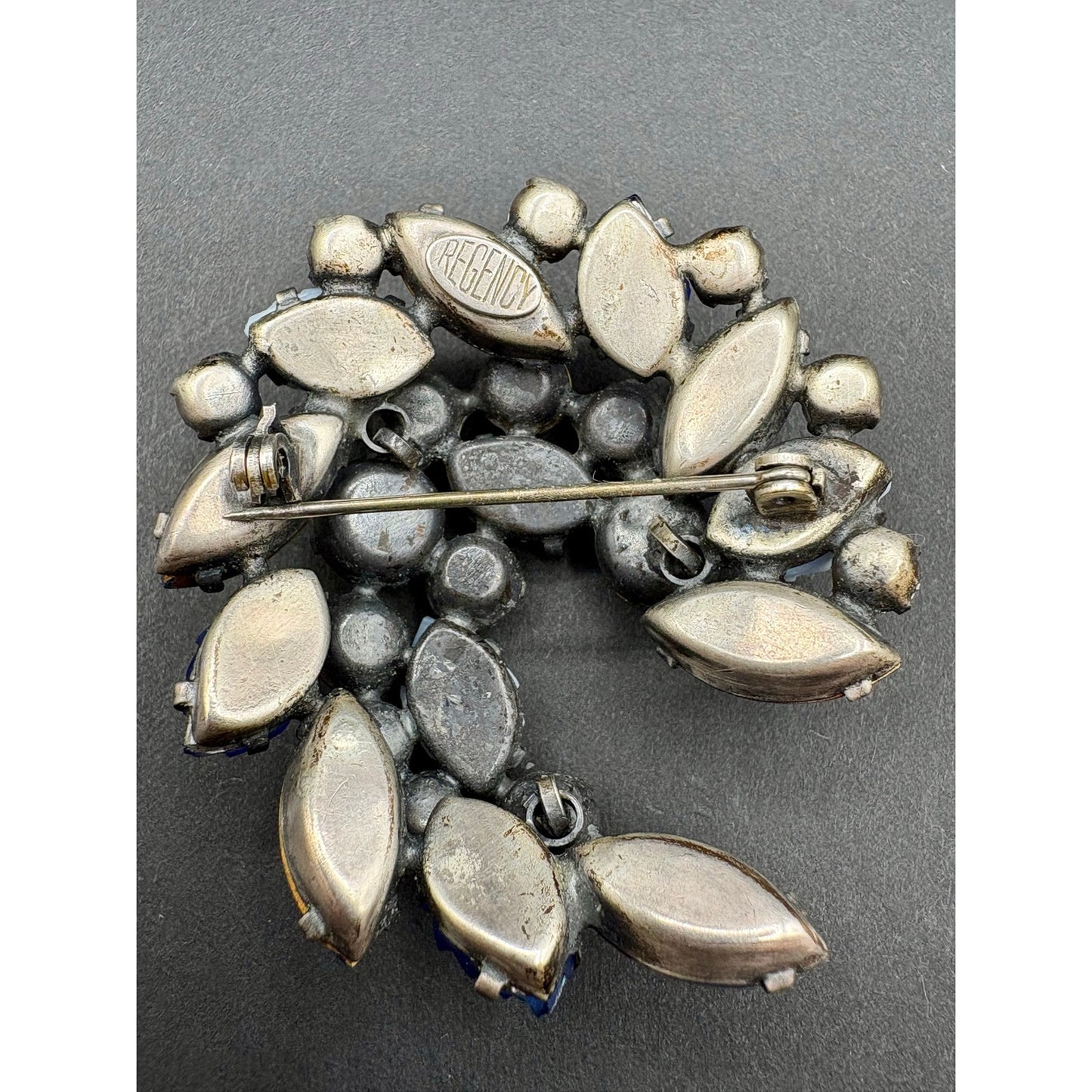 Vintage Signed Regency Blue AB Rhinestone Molded Glass Leaf Brooch Earrings Set