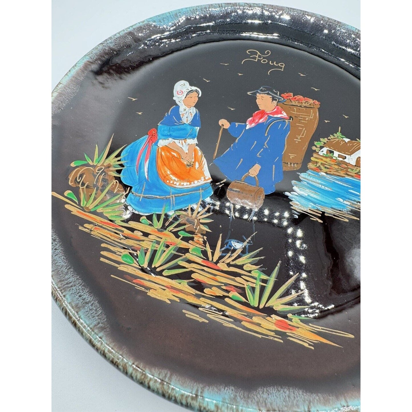 DecorVintage Ceramic Handpainted Signed Foug Plate And Vase Decor Nain - Black Dog Vintage