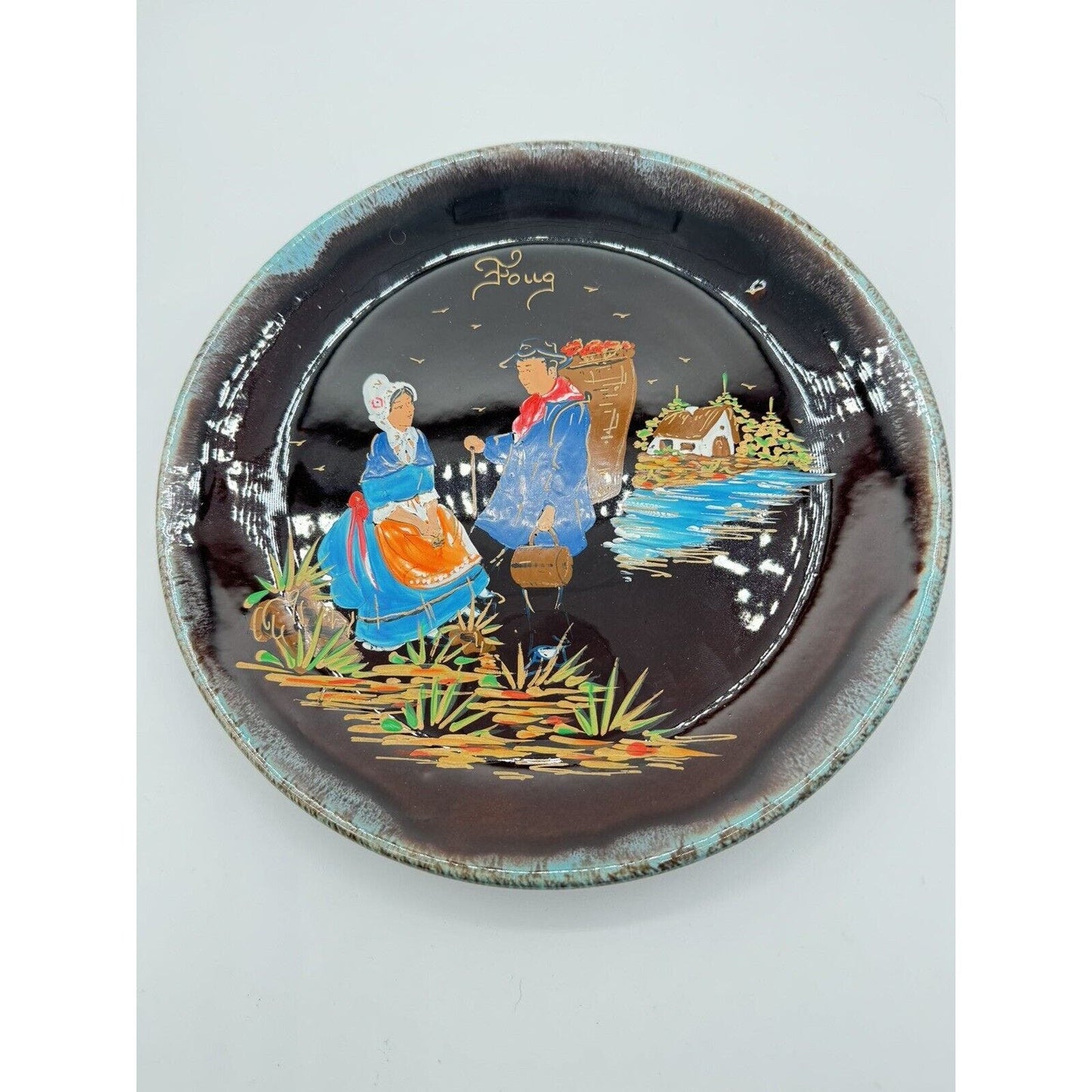 DecorVintage Ceramic Handpainted Signed Foug Plate And Vase Decor Nain - Black Dog Vintage