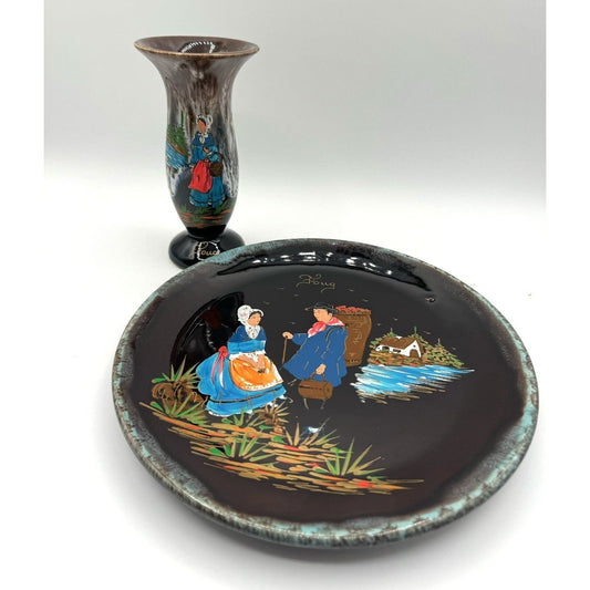 DecorVintage Ceramic Handpainted Signed Foug Plate And Vase Decor Nain - Black Dog Vintage