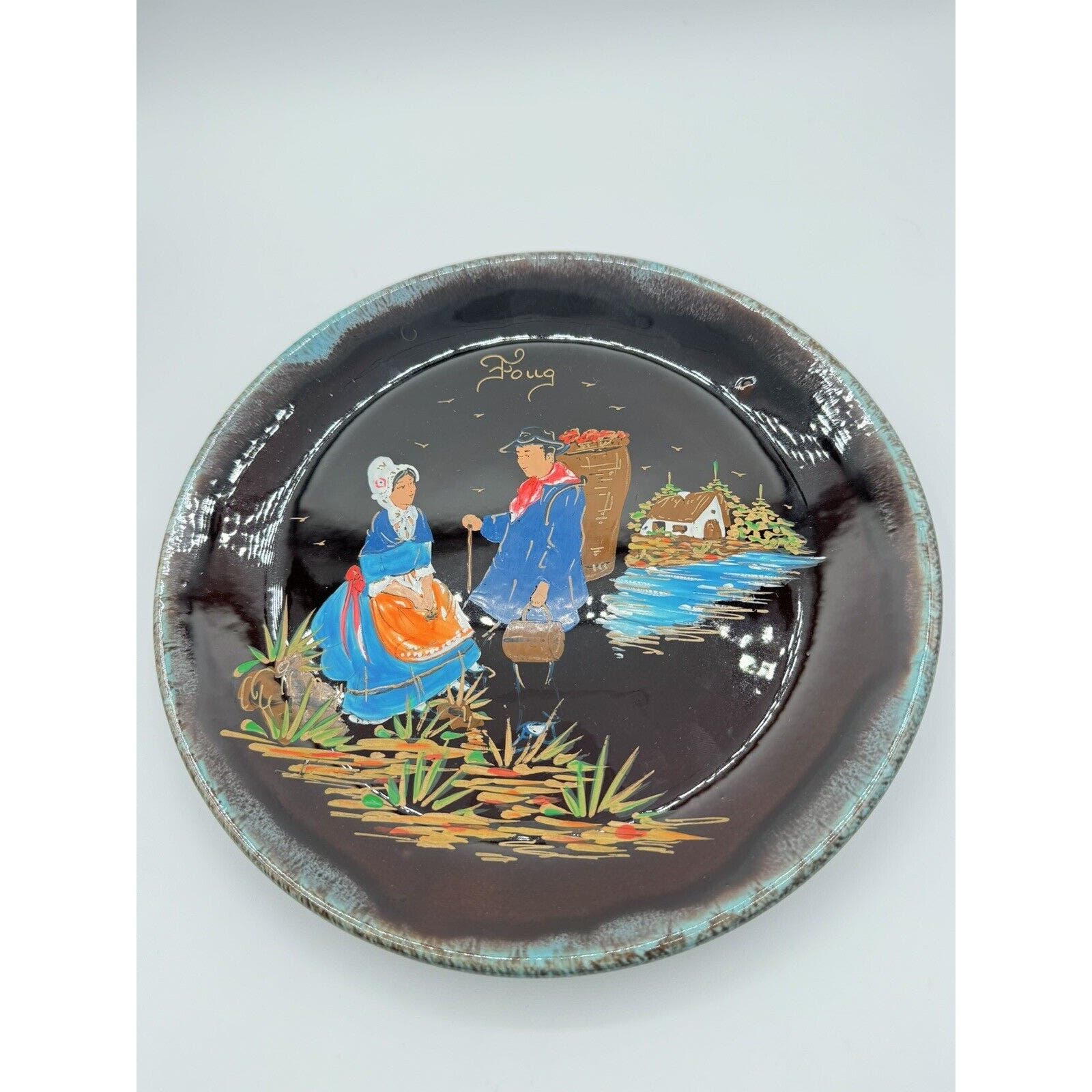 DecorVintage Ceramic Handpainted Signed Foug Plate And Vase Decor Nain - Black Dog Vintage