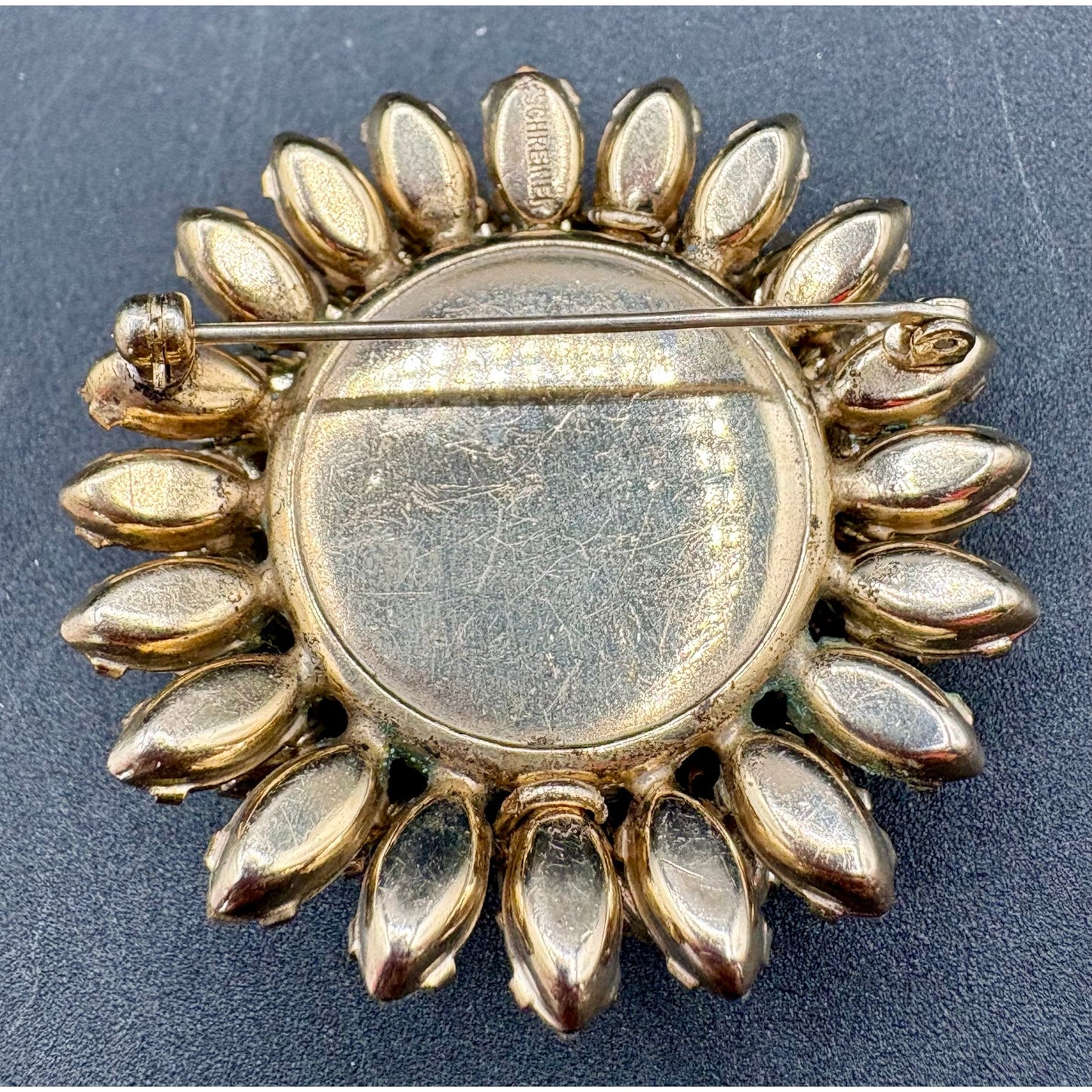 Vintage SCHREINER NY Brooch Rhinestone Pearl Cabochon Dimensional Signed 1.75”