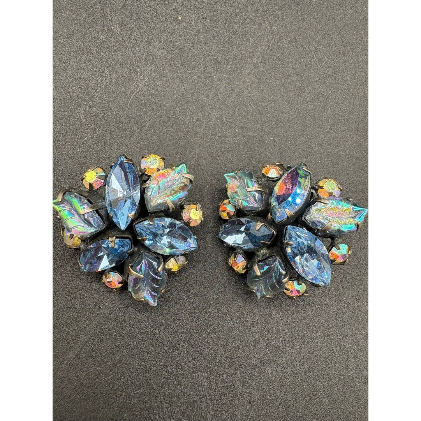 Vintage Regency Blue AB Molded Glass Leaves Brooch and Earrings Set