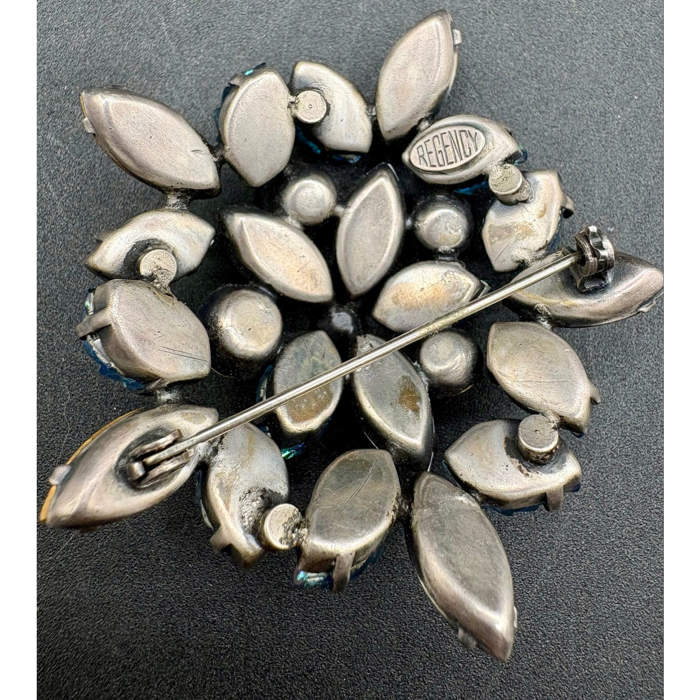 Vintage Regency Blue AB Molded Glass Leaves Brooch and Earrings Set