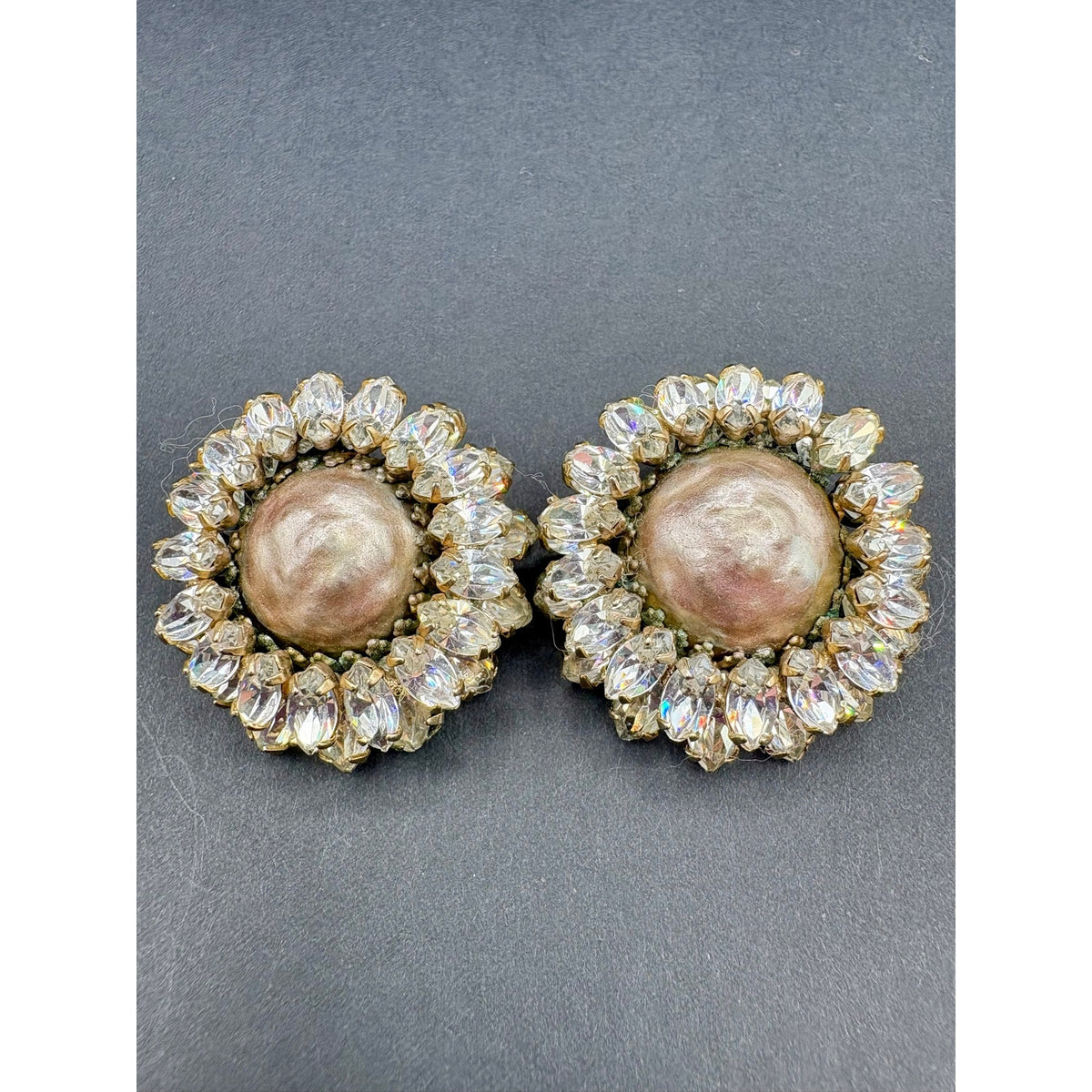 ⁠VTG Signed Schreiner NY Faux Baroque Pearl Clear Rhinestone Brooch Earrings Set⁠