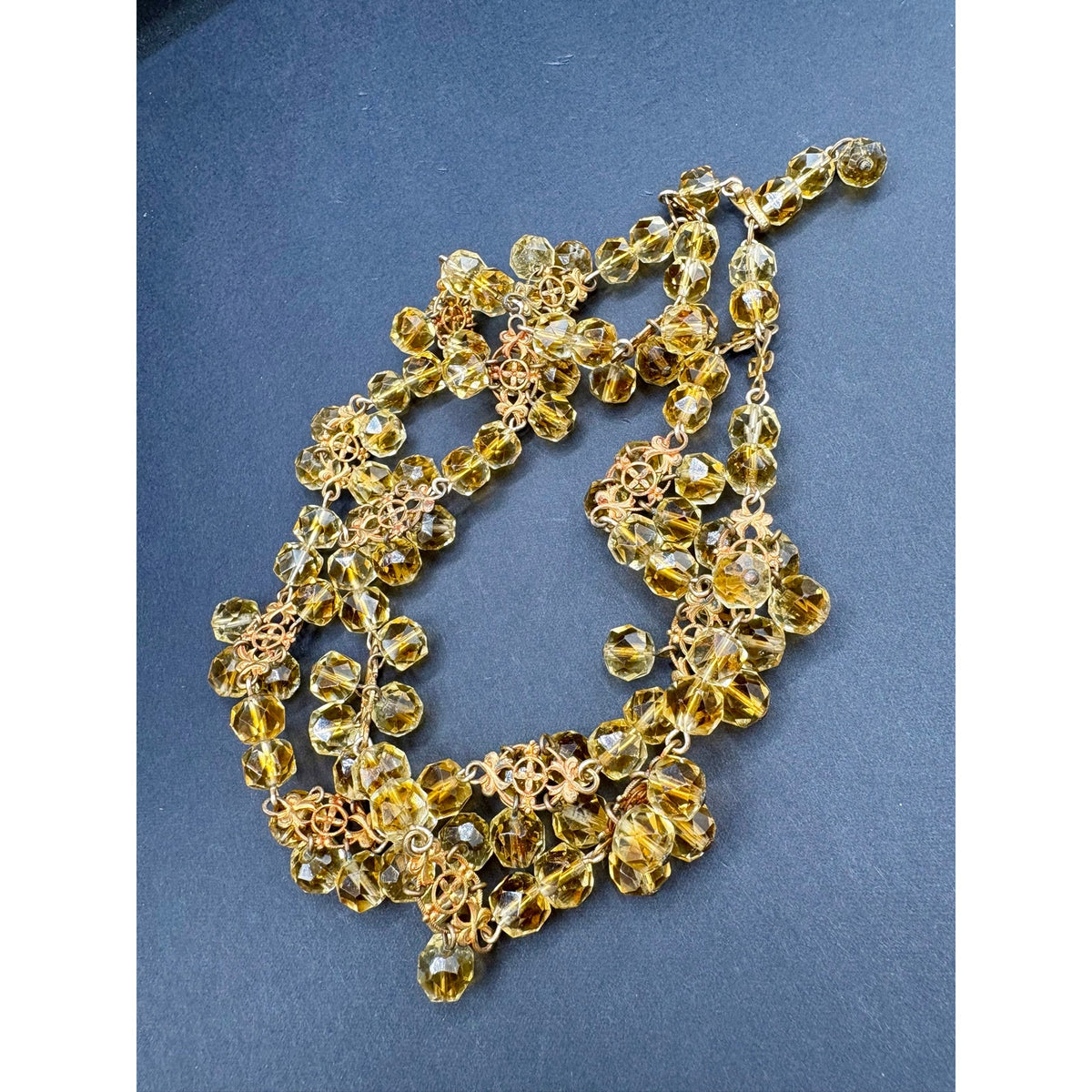 Vintage Made in France Double Strand Yellow Glass Bead Festoon Necklace