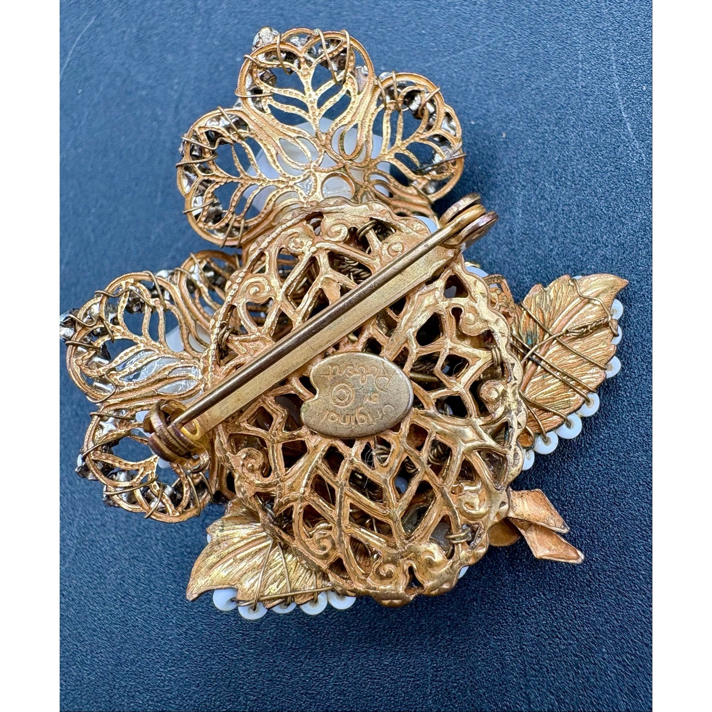 Vintage Original by Robert Milk Glass Seed Bead Rhinestone Floral Brooch