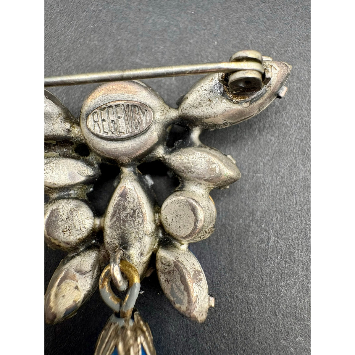 Vintage Signed Regency Blue AB Rhinestone Dangle Brooch
