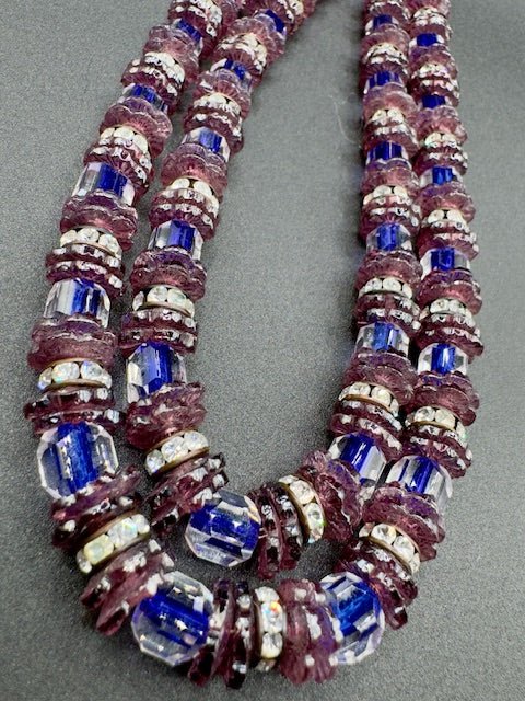 HobeHobe Glass Bead Double Strand Necklace, Clip Earrings, Wrap Bracelet Set - SEE PHOTOS - Black Dog Vintage