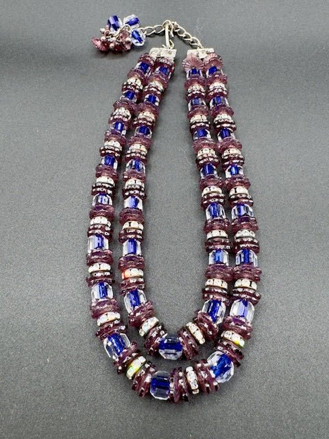 HobeHobe Glass Bead Double Strand Necklace, Clip Earrings, Wrap Bracelet Set - SEE PHOTOS - Black Dog Vintage
