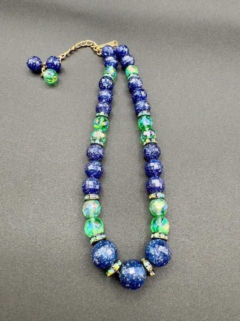 HobeHobe Single Strand Blue Green Sparkle Crystal Style Bead Necklace And Earring Set - Black Dog Vintage