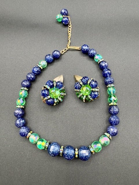 HobeHobe Single Strand Blue Green Sparkle Crystal Style Bead Necklace And Earring Set - Black Dog Vintage