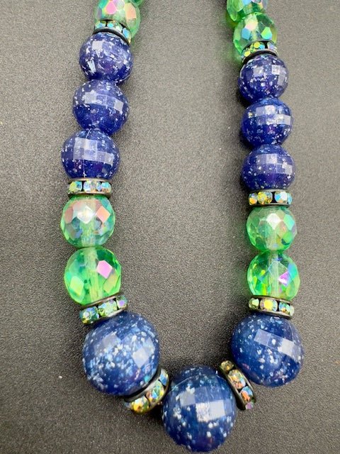HobeHobe Single Strand Blue Green Sparkle Crystal Style Bead Necklace And Earring Set - Black Dog Vintage