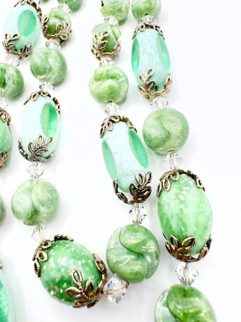 HobeHobe Vintage Double Strand Green Glass Cathedral Bead Necklace And Clip Earrings Set - Black Dog Vintage