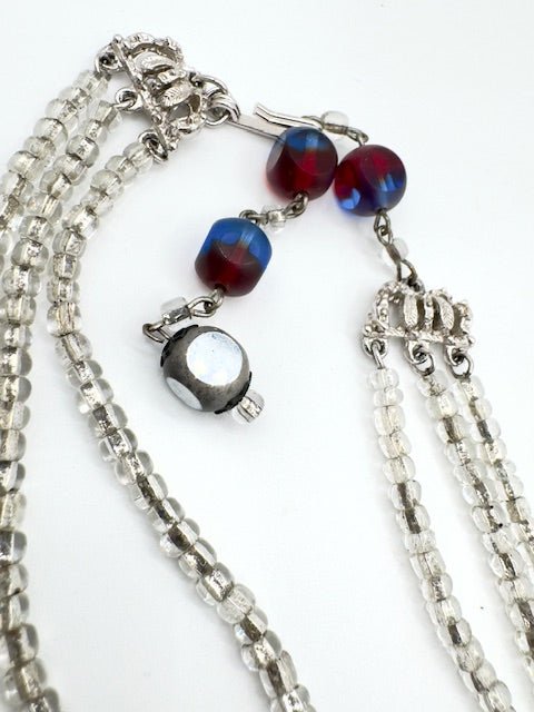 HobeHobe Vintage Triple Strand Glass Cathedral Bead Necklace and Clip Earring Set - Silver - Blue - Red - Black Dog Vintage