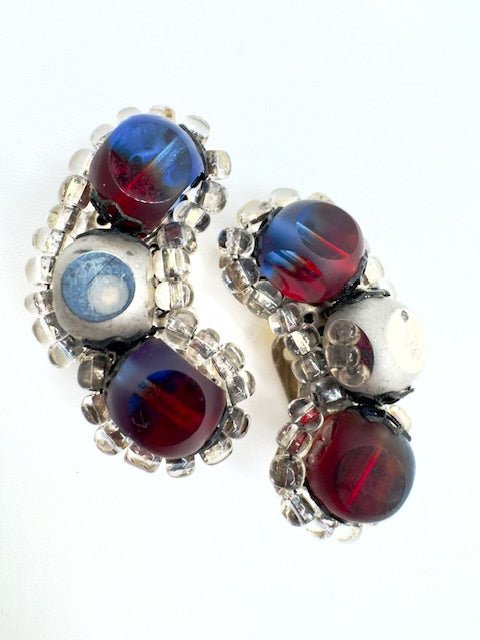 HobeHobe Vintage Triple Strand Glass Cathedral Bead Necklace and Clip Earring Set - Silver - Blue - Red - Black Dog Vintage