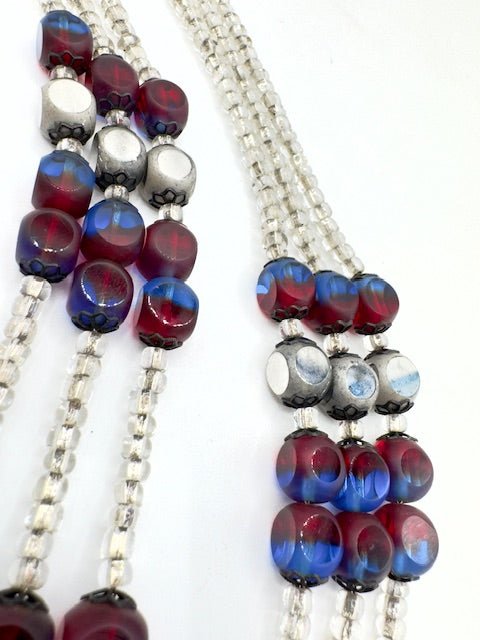 HobeHobe Vintage Triple Strand Glass Cathedral Bead Necklace and Clip Earring Set - Silver - Blue - Red - Black Dog Vintage