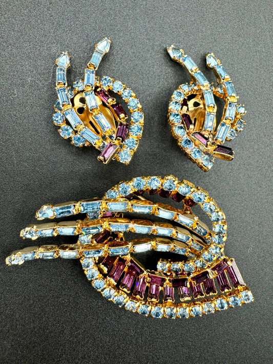 kramerKramer New York Vintage Blue and Amethyst Rhinestone Brooch and Earring Set - Black Dog Vintage