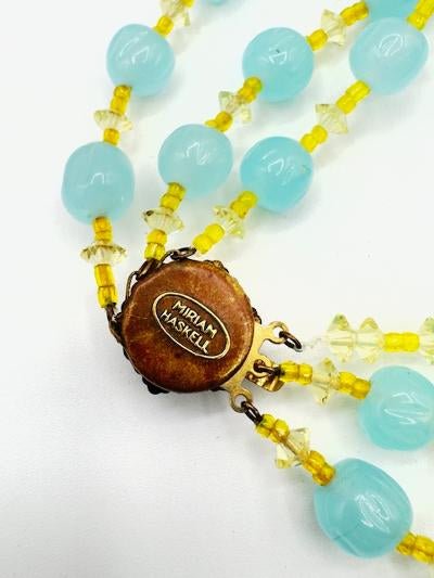 MiriamSigned Miriam Haskell Multi Strand Aqua Blue and Yellow Glass Bead Necklace - Black Dog Vintage