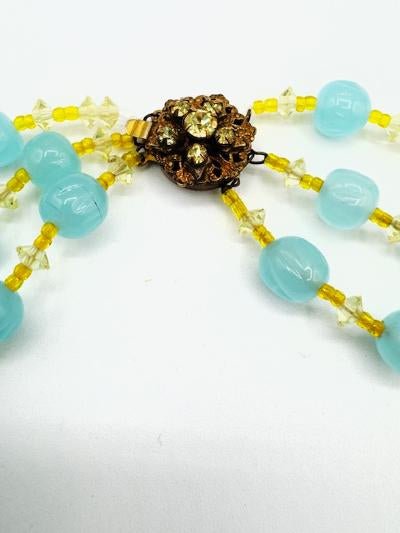 MiriamSigned Miriam Haskell Multi Strand Aqua Blue and Yellow Glass Bead Necklace - Black Dog Vintage