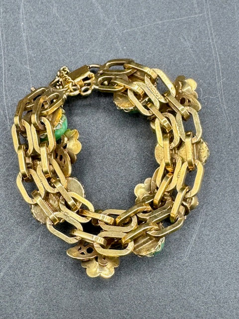 Vintage Unsigned Demi Parure -Necklace / Bracelet/ Earrings  -Green Art Glass Cabochons - Amethyst Crystal- Goldtone Flowers