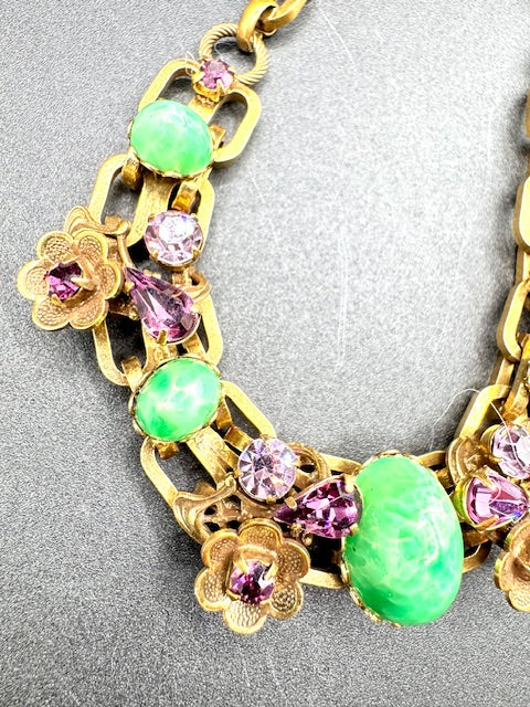 Vintage Unsigned Demi Parure -Necklace / Bracelet/ Earrings  -Green Art Glass Cabochons - Amethyst Crystal- Goldtone Flowers