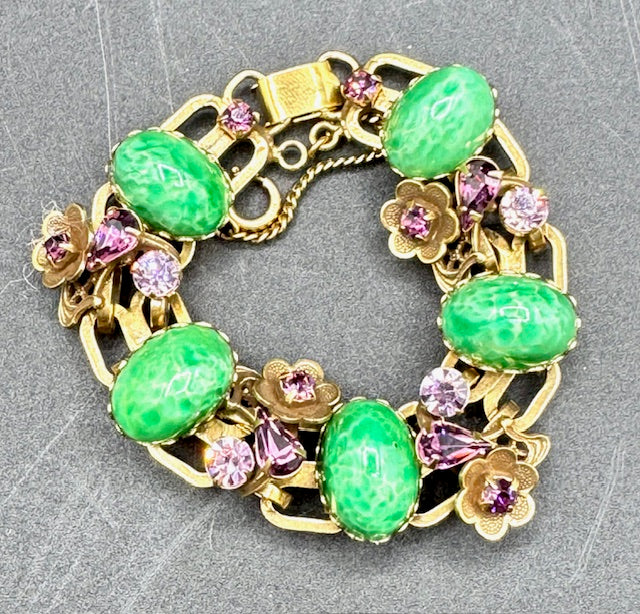 Vintage Unsigned Demi Parure -Necklace / Bracelet/ Earrings  -Green Art Glass Cabochons - Amethyst Crystal- Goldtone Flowers