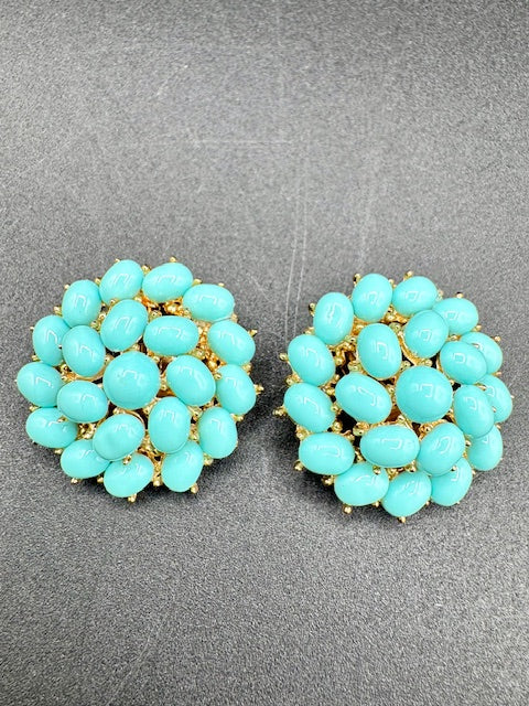 Crown Trifari Turquoise Cabochon and Pearl Choker Necklace and Clip Earring Set