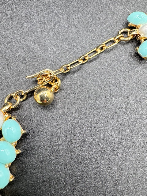 Crown Trifari Turquoise Cabochon and Pearl Choker Necklace and Clip Earring Set