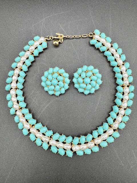Crown Trifari Turquoise Cabochon and Pearl Choker Necklace and Clip Earring Set
