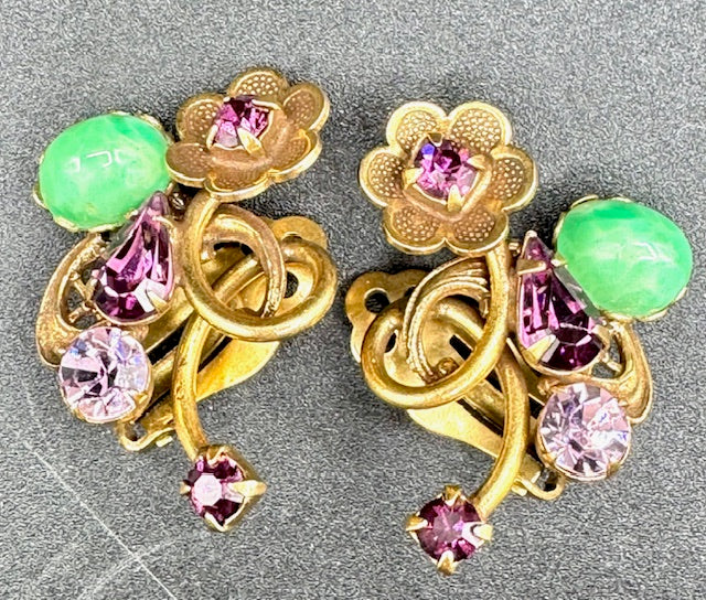 Vintage Unsigned Demi Parure -Necklace / Bracelet/ Earrings  -Green Art Glass Cabochons - Amethyst Crystal- Goldtone Flowers