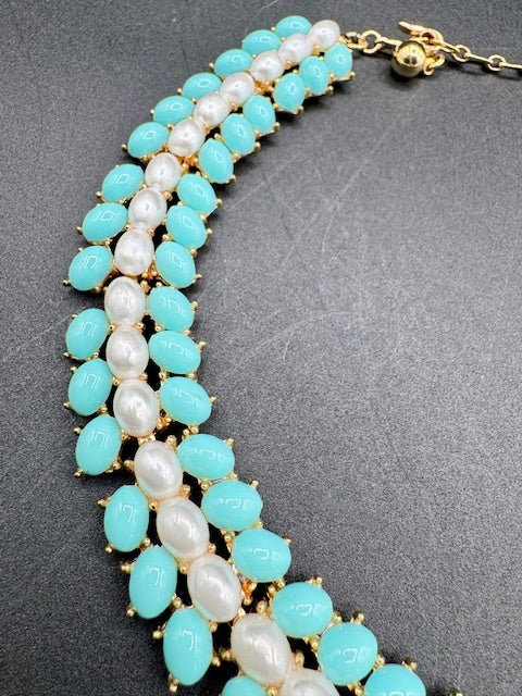Crown Trifari Turquoise Cabochon and Pearl Choker Necklace and Clip Earring Set