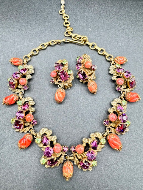 Vintage Unsigned Amethyst and Uranium Glass- Coral Glass - Gold Tone Necklace and Earring set
