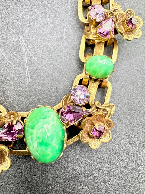 Vintage Unsigned Demi Parure -Necklace / Bracelet/ Earrings  -Green Art Glass Cabochons - Amethyst Crystal- Goldtone Flowers