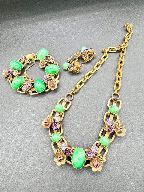 Vintage Unsigned Demi Parure -Necklace / Bracelet/ Earrings  -Green Art Glass Cabochons - Amethyst Crystal- Goldtone Flowers