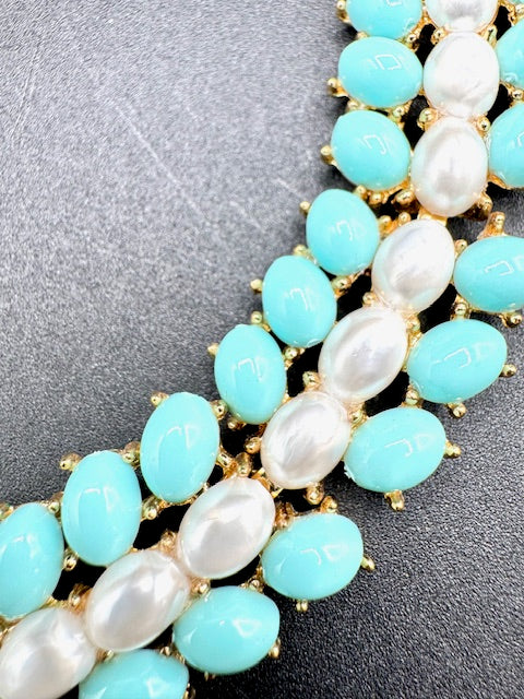 Crown Trifari Turquoise Cabochon and Pearl Choker Necklace and Clip Earring Set