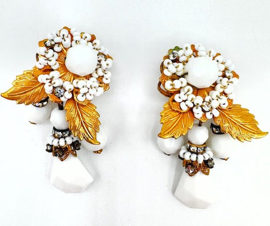 RobertOriginal By Robert Vintage Milk Glass And Crystal Clip On Dangle Earrings W/ Gold Leaves - Black Dog Vintage
