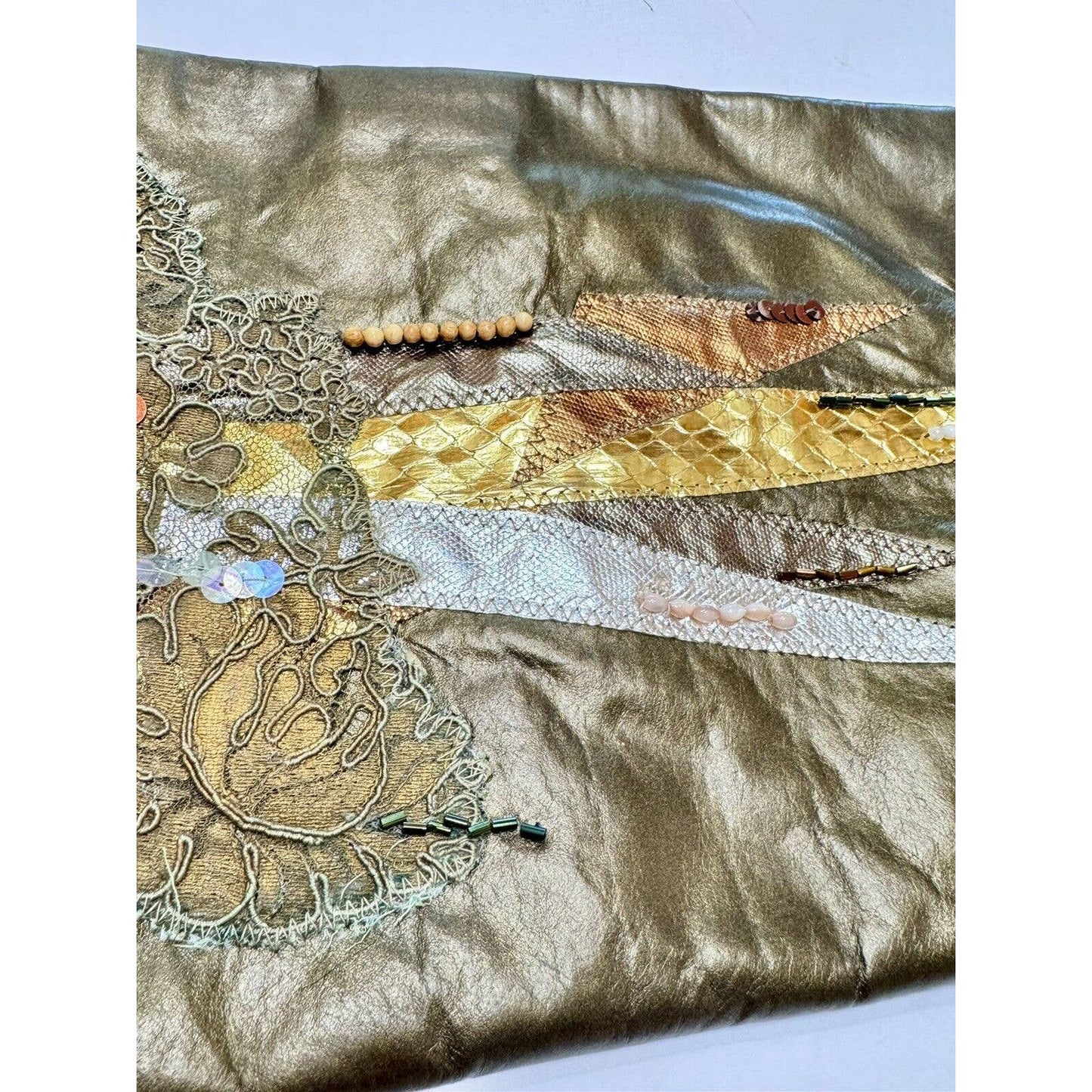 Vintage OOAK Bronze Leather Embellished Patchwork Lace Snakeskin Metallic Clutch