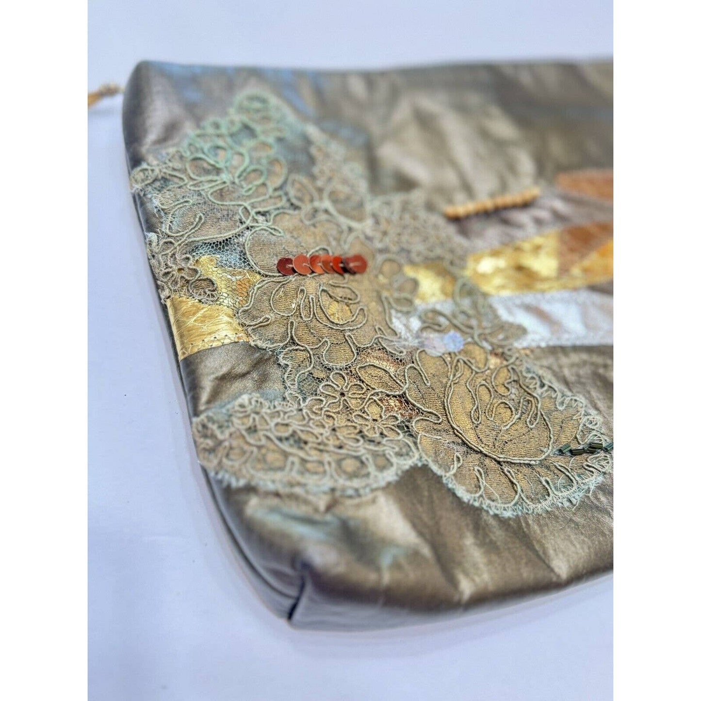 Vintage OOAK Bronze Leather Embellished Patchwork Lace Snakeskin Metallic Clutch