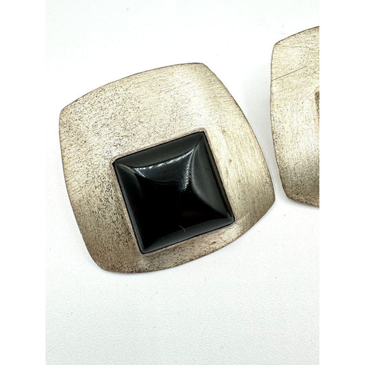 SterlingVintage 1990 Hand Signed T&RS Sterling Earrings With Large Onyx Cabochon - Black Dog Vintage