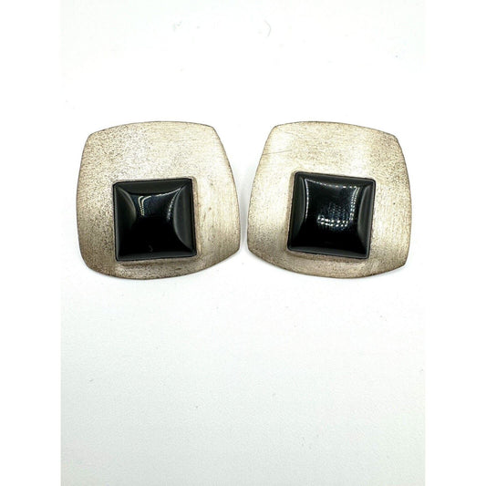 SterlingVintage 1990 Hand Signed T&RS Sterling Earrings With Large Onyx Cabochon - Black Dog Vintage