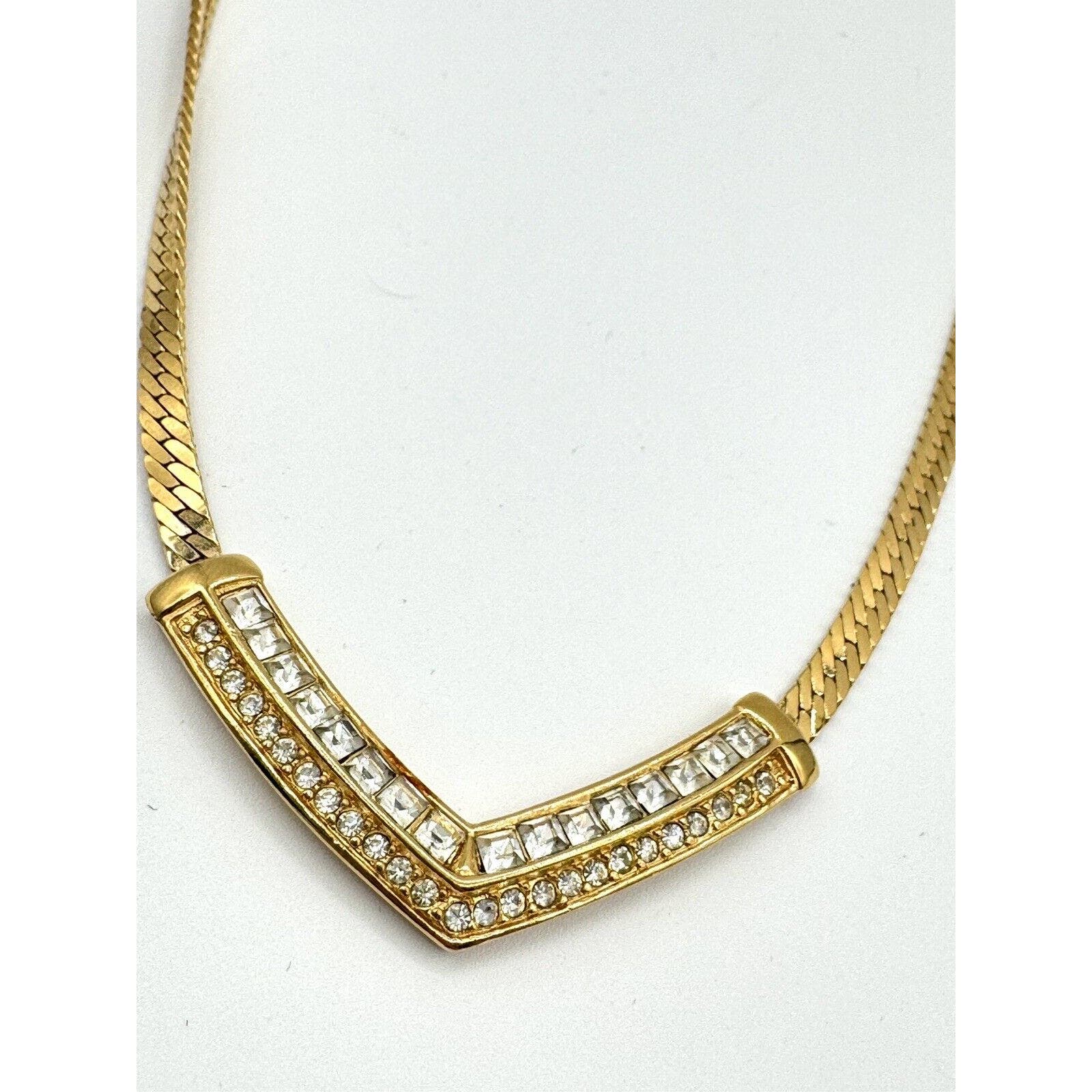 TrifariTrifari TM Crystal Clear Rhrinestone Goldtone V-Drop Herringbone Necklace - Black Dog Vintage