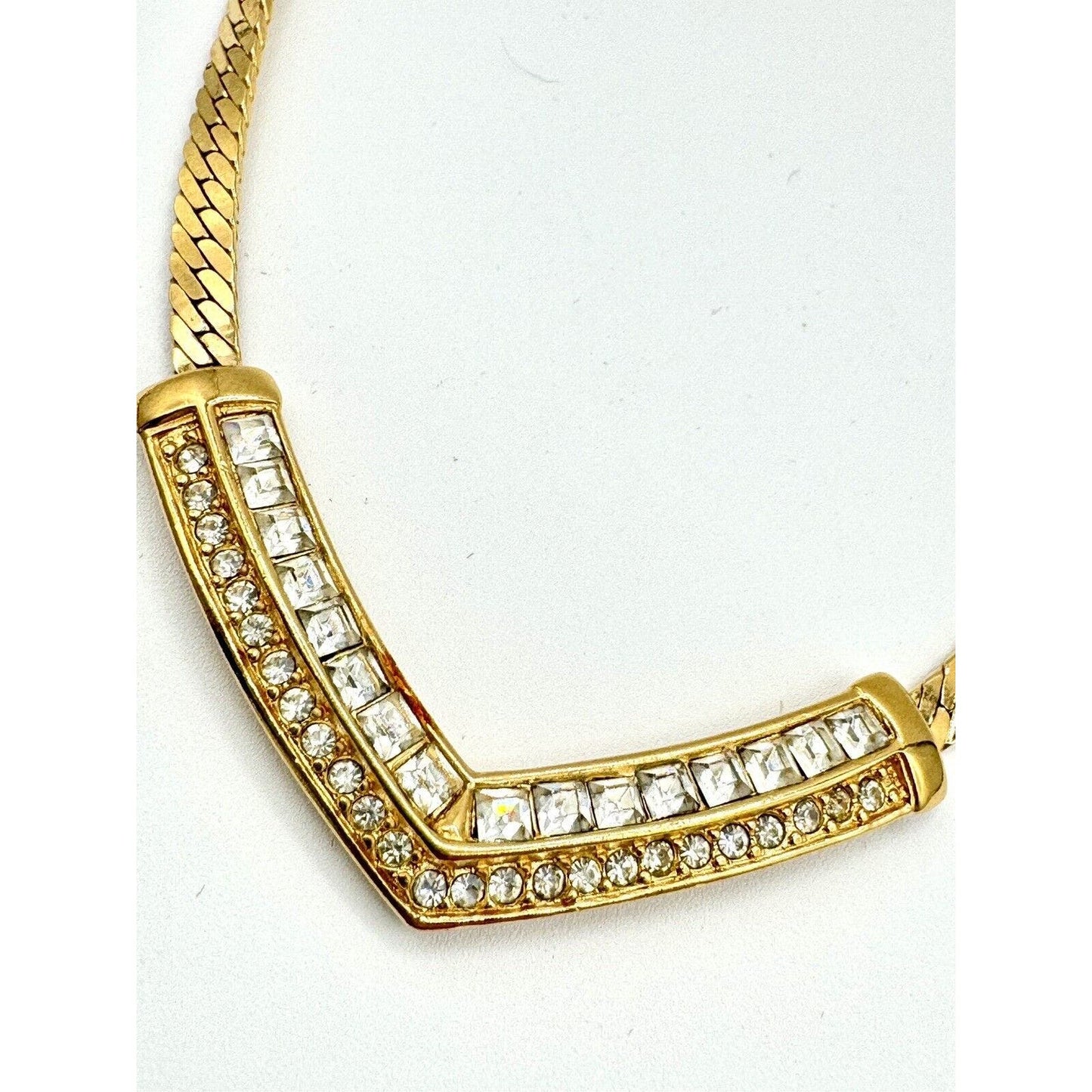 TrifariTrifari TM Crystal Clear Rhrinestone Goldtone V-Drop Herringbone Necklace - Black Dog Vintage